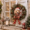 Nyomtatott fa tábla koszorú közép - Karácsonyi golden retriever 11,8cm