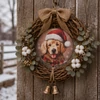 Nyomtatott fa tábla koszorú közép - Karácsonyi golden retriever 11,8cm