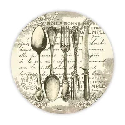 Nyomtatott fa tábla koszorú közép - Vintage evőeszköz 14,8cm