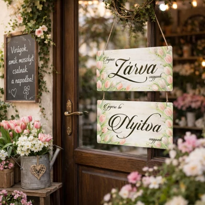 Nyomtatott fa tábla Zárva-Nyitva pasztell tulipán