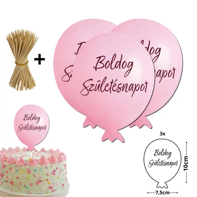 Nyomtatott dekorkarton - Boldog születésnapot lufi - rózsaszín 3db/csomag