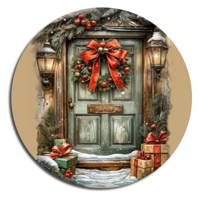 Nyomtatott fa tábla koszorú közép - Karácsonyi piros-zöld téma koszorú közép 11,8cm