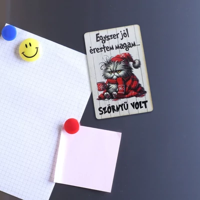 Nyomtatott dekorkarton - Morcos macska &amp;quot;Egyszer..&amp;quot; hűtőmágnes