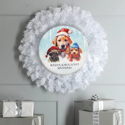 Nyomtatott fa tábla koszorú közép - Boldog karácsonyt kutyusos 14,8cm
