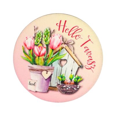 Nyomtatott fa tábla koszorú közép - Hello Tavasz - tulipános