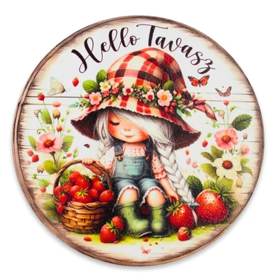 Nyomtatott dekorkarton - Hello tavasz kislány koszorúközép 11,8cm