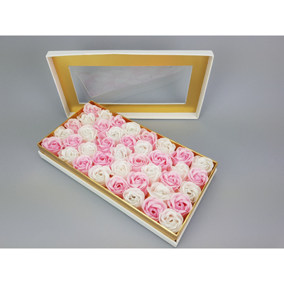 Prémium szappanrózsa szelence átlátszó tetejű fehér dobozban - fehér és rózsaszín