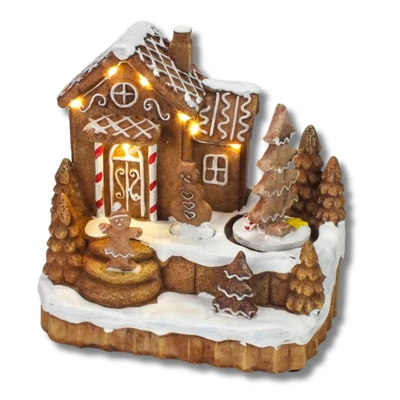 Világítós mézeskalács falu forgós fenyővel