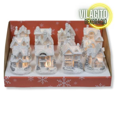 Fehér-ezüst világítós házikó kicsi 12db - OKOS ÁR!