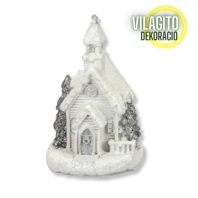 Fehér-ezüst világítós templom kicsi 1db