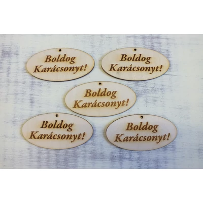 Natúr fa - &quot;Boldog Karácsonyt&quot; gravírozott ovál tábla 4x8cm 5db/csomag