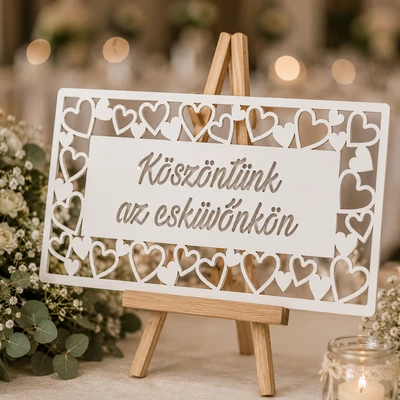 Natúr fa Köszöntünk az esküvönkön tábla fehér 49,5cm