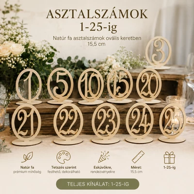 Natúr fa asztalszám ovális keretben 1-25-ig