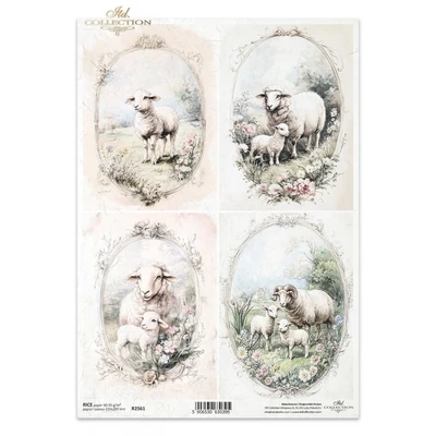 Rizspapír decoupage-hoz vintage bárányos keretek A4