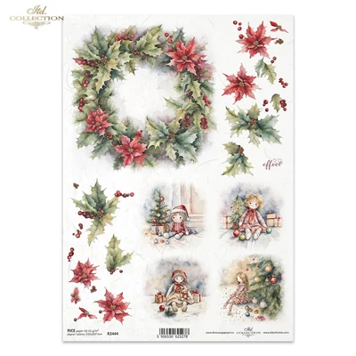 Rizspapír decoupage-hoz ajándék fagyöngy koszorú A4