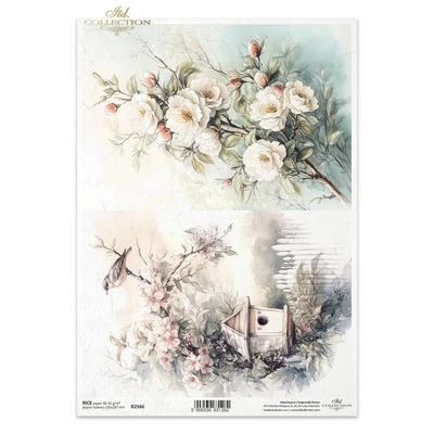 Rizspapír decoupage-hoz virágzó ágak madáretető A4