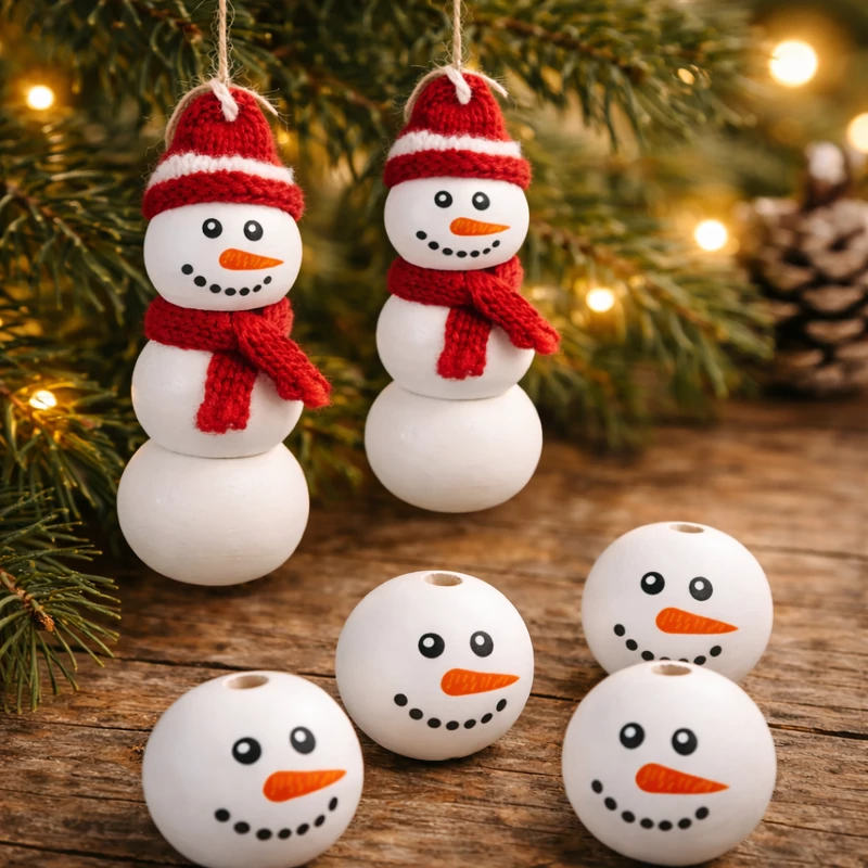   Nyomtatott fehér fagolyó hóember arccal 30mm 5db/csomag