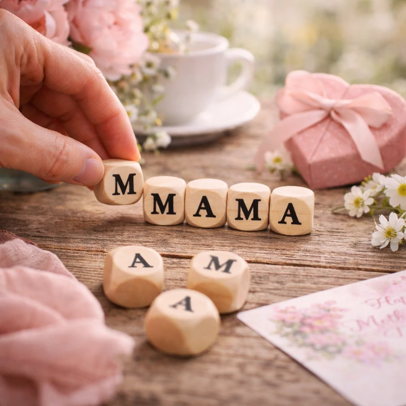   Nyomtatott fa  dobókocka natúr - MAMA felirattal 2szett/csomag