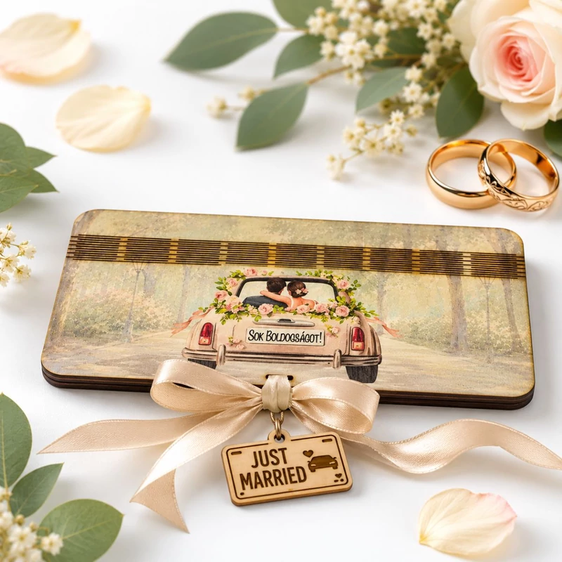 Nyomtatott fa - Esküvői pénzátadó nyitható - autóval