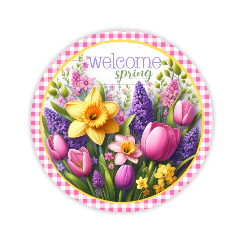  Nyomtatott fa tábla koszorú közép - Welcome Spring 11,8cm