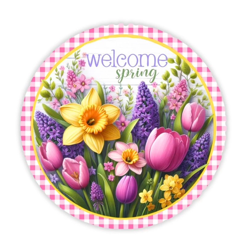  Nyomtatott fa tábla koszorú közép - Welcome Spring 14,8cm