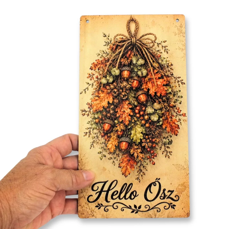 Nyomtatott fa tábla - Hello Ősz akasztós tábla 13x24,3cm