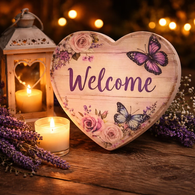 Nyomtatott fa szív peremes - Pillangós welcome