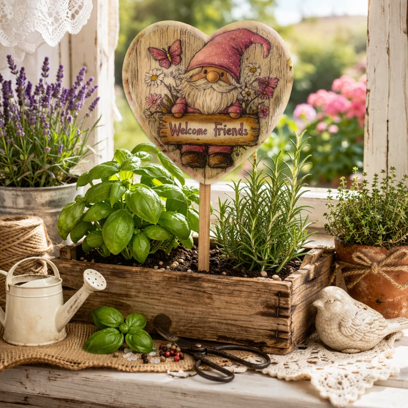 Nyomtatott natúr szív peremes - Rózsaszín manós