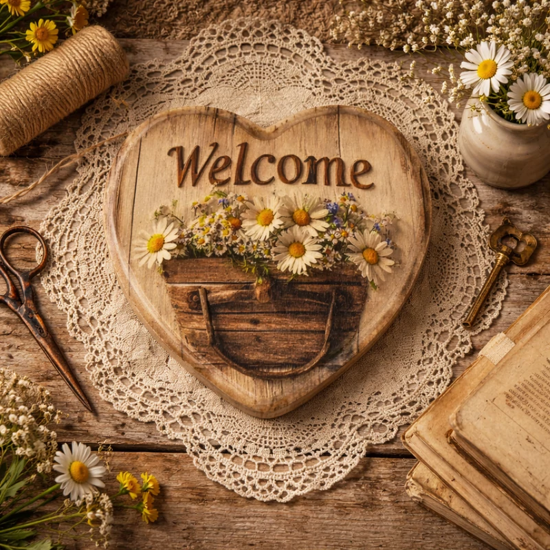 Nyomtatott fa szív peremes - Welcome