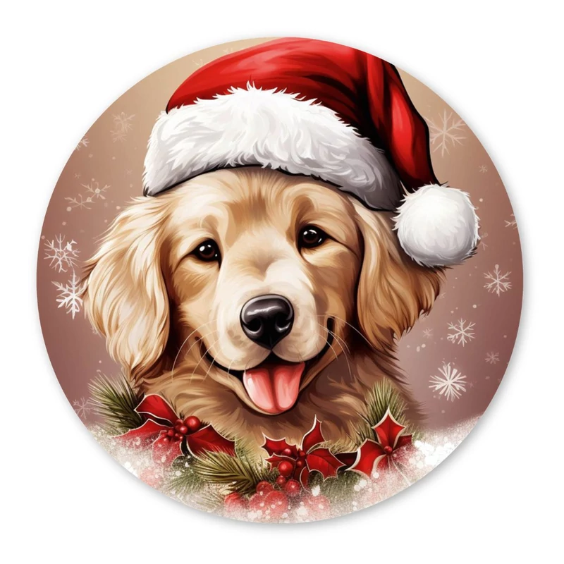 Nyomtatott fa tábla koszorú közép - Karácsonyi golden retriever 11,8cm