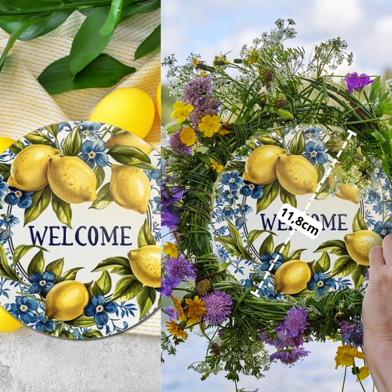 Nyomtatott fa tábla koszorú közép - Welcome citromos 11,8cm