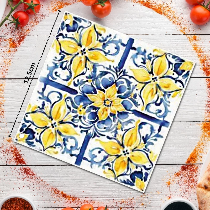 Nyomtatott fa tábla - Mediterrán csempe minta - kék-sárga 12,5x12,5cm