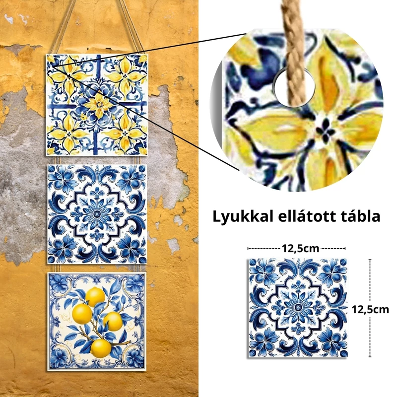 Nyomtatott fa tábla - Mediterrán csempe minta - kék sima 12,5x12,5cm