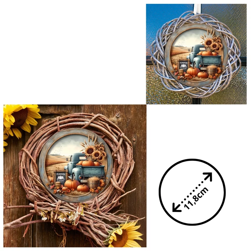 Nyomtatott fa tábla koszorú közép - Őszi táj kék teherautóval 11,8cm