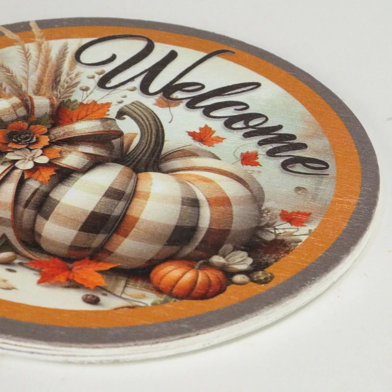 Nyomtatott fa tábla koszorú közép - Welcome kockás tökkel 14,8cm