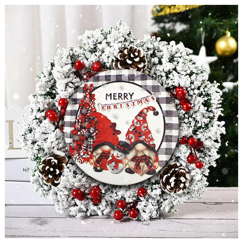 Nyomtatott fa tábla koszorú közép - Merry Christmas manós 14,8cm