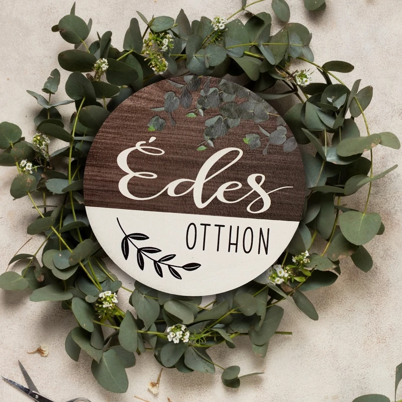 Nyomtatott fa tábla koszorú közép - Édes otthon eukaliptusz 14,8