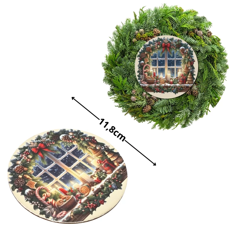Nyomtatott fa tábla koszorú közép - Karácsonyi ablak gyertyás 11,8cm