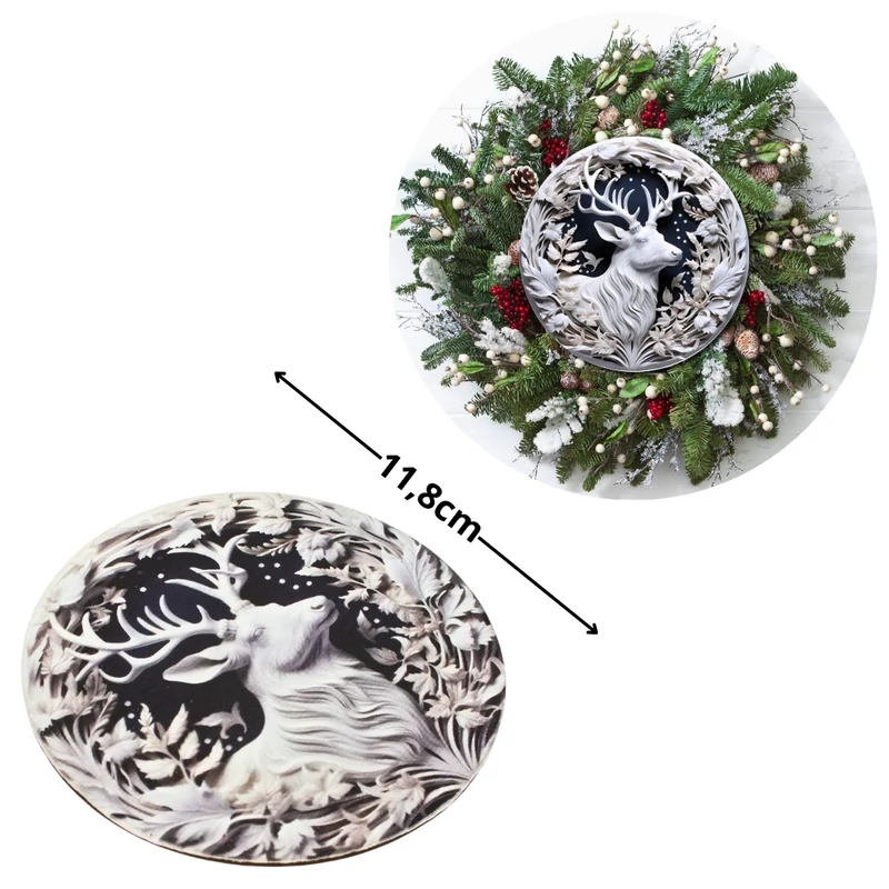 Nyomtatott fa tábla koszorú közép - Fehér szarvas 11,8cm