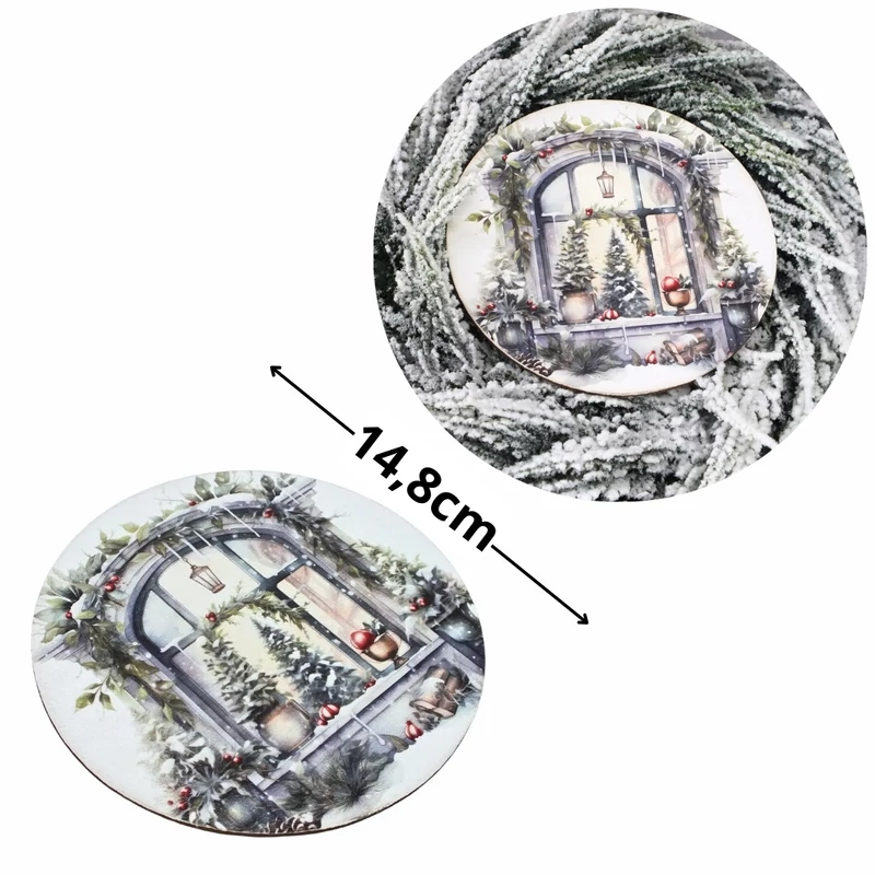 Nyomtatott fa tábla koszorú közép - Karácsonyi ablak grincs 14,8cm