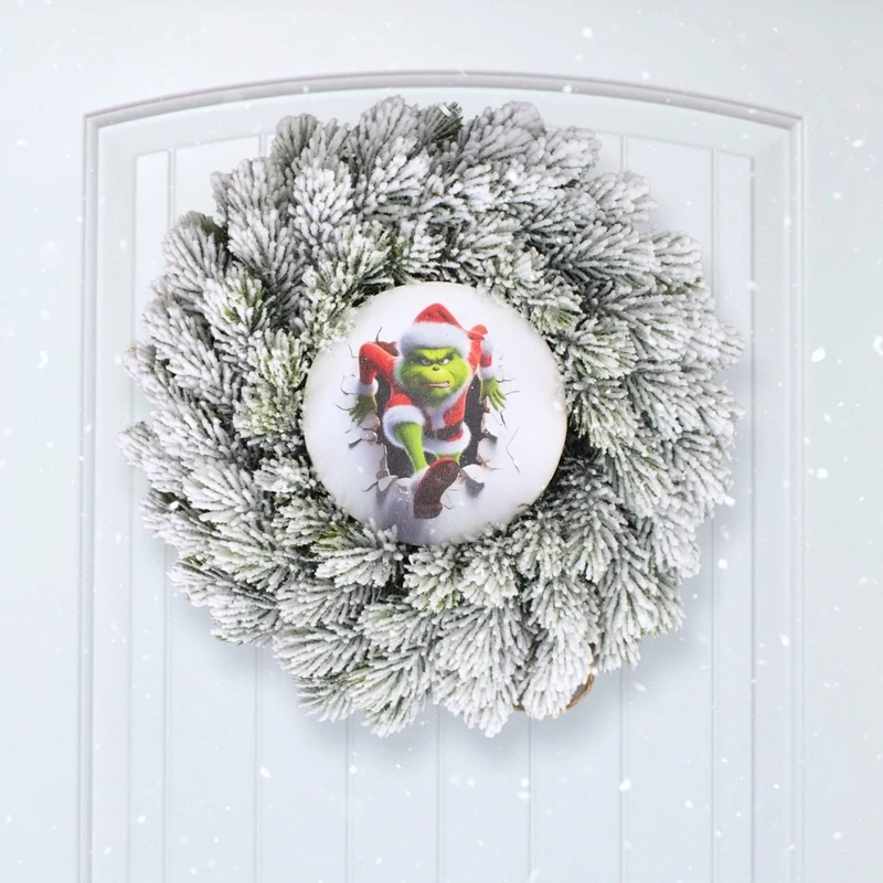 Nyomtatott fa tábla koszorú közép - Faltörő grincs 11,8cm
