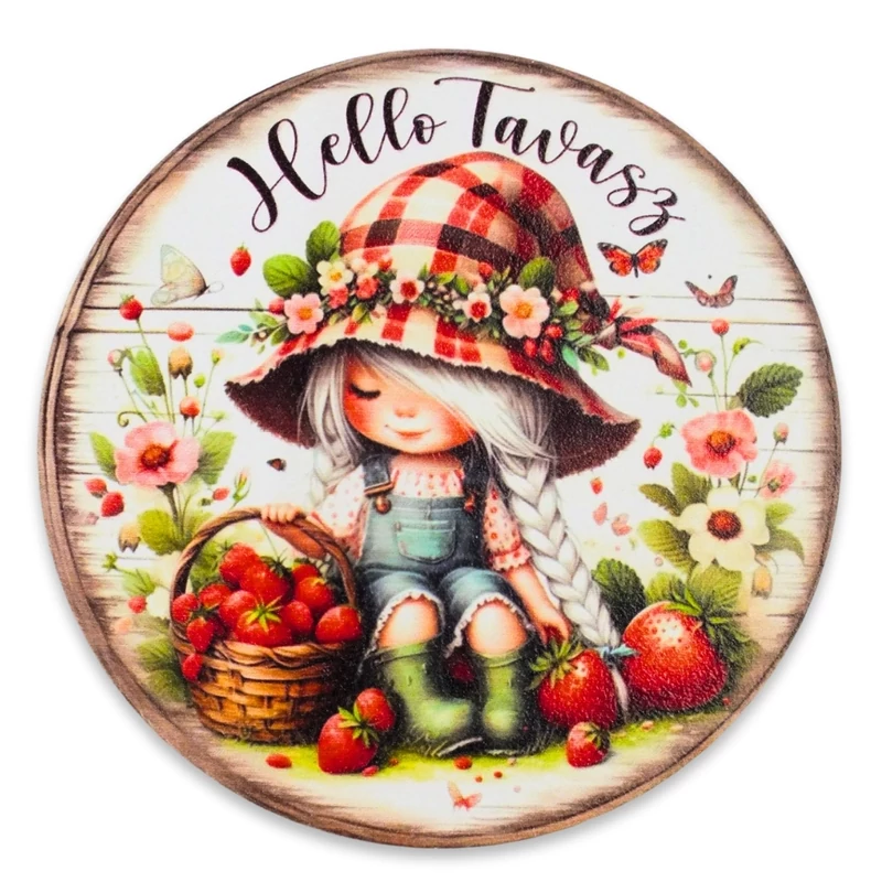 Nyomtatott dekorkarton - Hello tavasz kislány koszorúközép 11,8cm