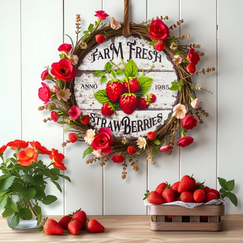 Nyomtatott fa tábla - Eper farm koszorú közép 11,8cm