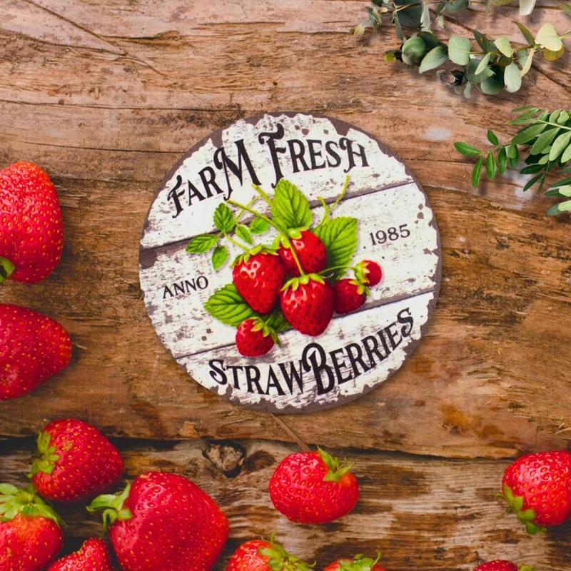 Nyomtatott fa tábla - Eper farm koszorú közép 11,8cm