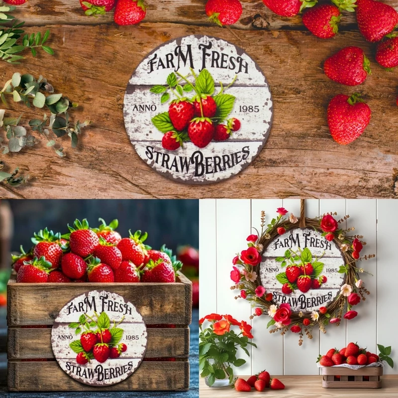 Nyomtatott fa tábla - Eper farm koszorú közép 11,8cm