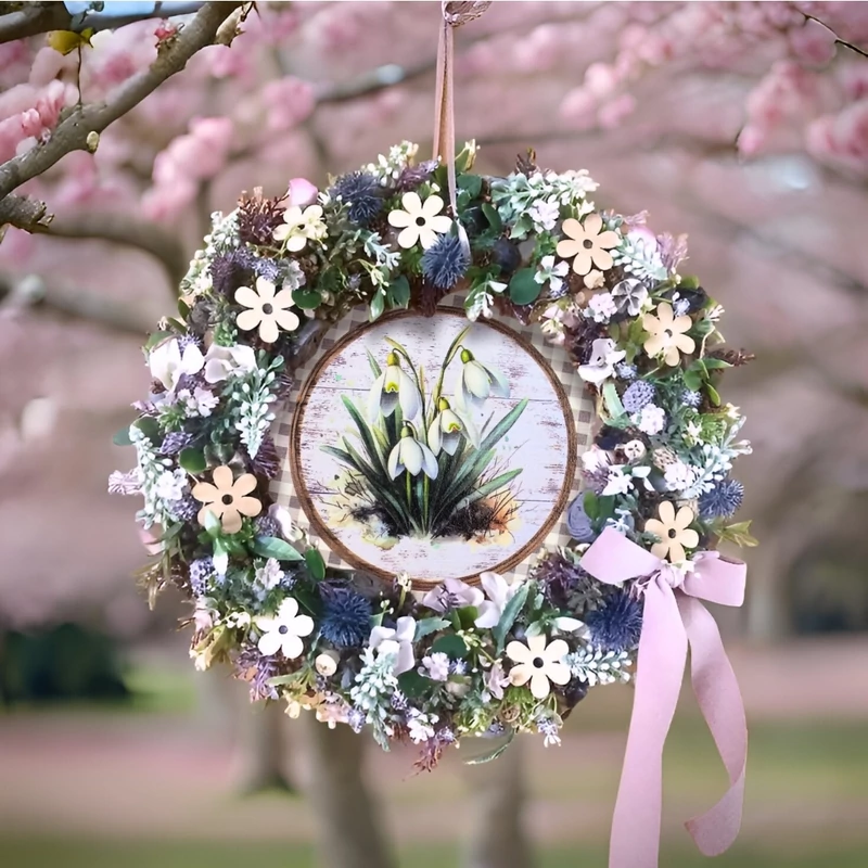 Nyomtatott fa tábla - Hóvirágok retró koszorú közép 11,8cm