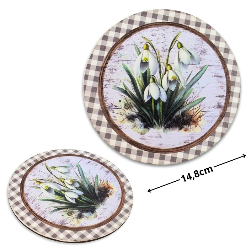 Nyomtatott fa tábla - Hóvirágok retró koszorú közép 14,8cm