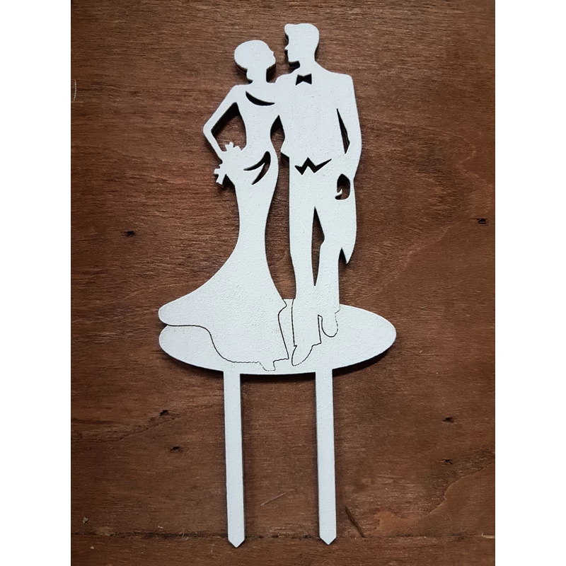 Jegyespár tortadísz fehér-fa 15cm