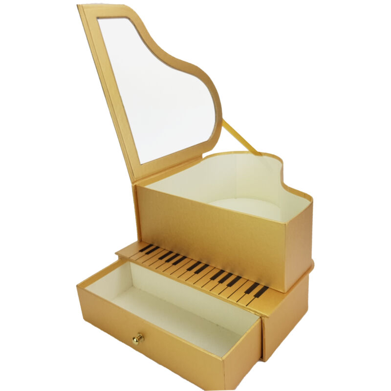 Zongoradoboz átlátszó tetővel, fiókos - arany