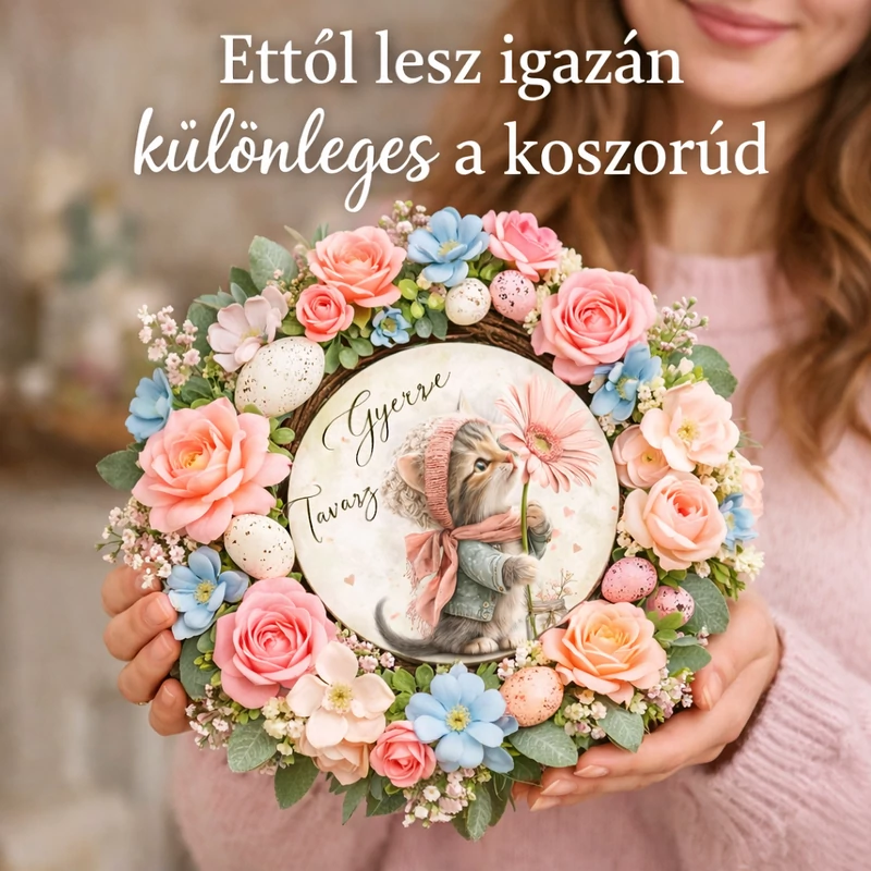  Nyomtatott fa tábla koszorú közép - Gyere tavasz cicás 11,8cm